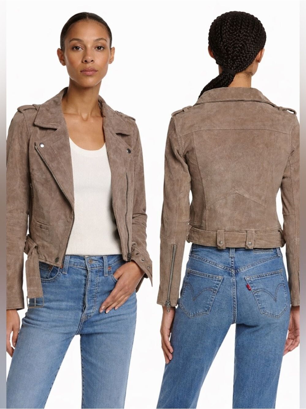 BLANKNYC 100% Suede Leather in Taupe Cropped Moto Jacket Belt & Zipper Detail XS
